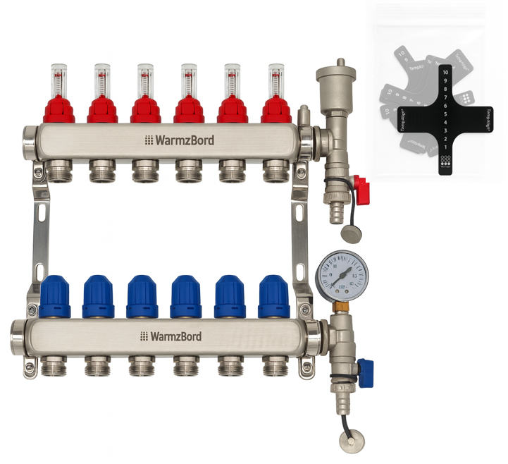 WarmzBord 6 circuit manifold 1" x 3/4" euroconus