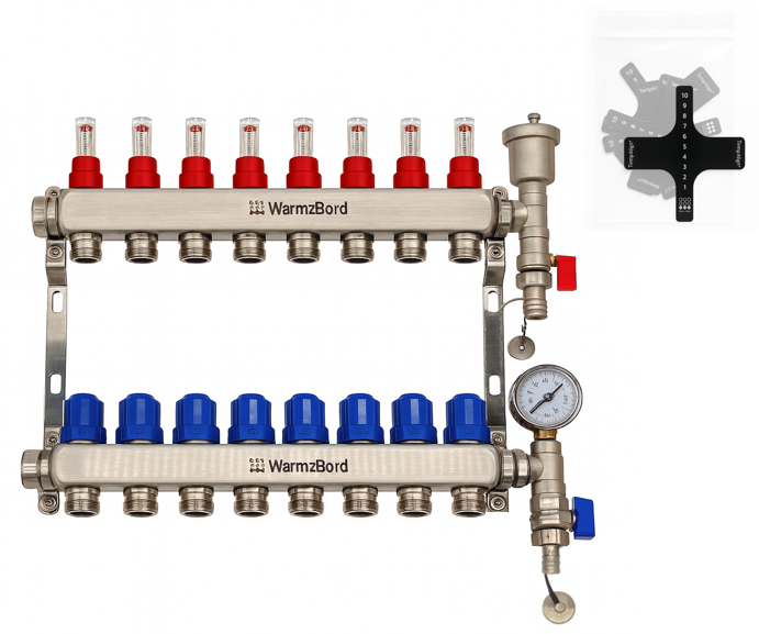 WarmzBord 8 circuit manifold 1" x 3/4" euroconus
