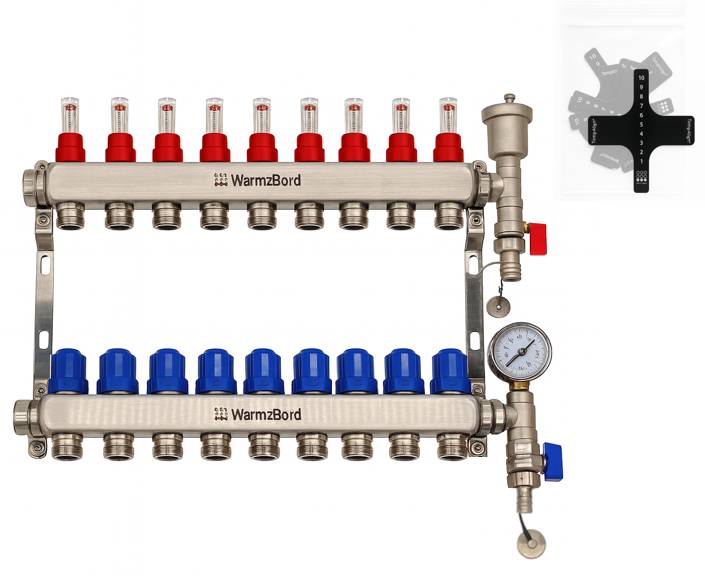 WarmzBord 9 circuit manifold 1" x 3/4" euroconus