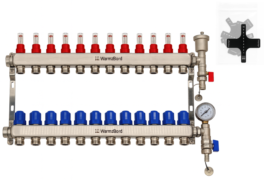 WarmzBord 12 circuit manifold 1" x 3/4" euroconus